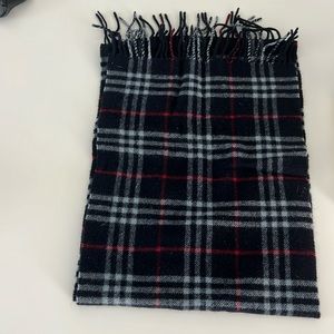 Beautiful Burberry Navy Plaid Fringe Scarf with Gray and Red pattern.